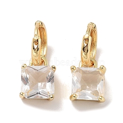 Real 18K Gold Plated Brass Rectangle Dangle Hoop Earrings, with Square Glass, Clear, 20.5x9mm(EJEW-L269-047G-03)