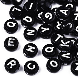 Craft Style Opaque Black Acrylic Beads, Horizontal Hole, Flat Round with White Letters, 7x3.2mm, Hole: 1.5mm, about 400pcs/50g(X-SACR-T352-16)