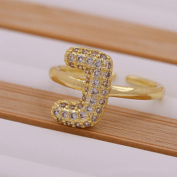 Brass Micro Pave Clear Cubic Zirconia Initial Cuff Rings, Golden, Letter J, Inner Diameter: Adjustable(FS-WGB210B-11)