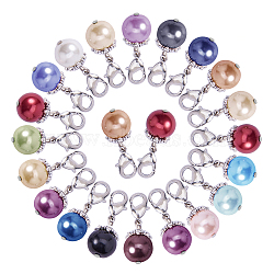 48Pcs 16 Colors Round Glass Pearl Pendant, with Brass Lobster Claw Clasp & Alloy Beads, Mixed Color, 26mm, Hole: 3.5mm, 3pcs/color(DIY-PH0018-66)