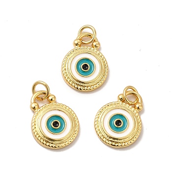Rack Plating Brass Enamel Pendants, with Jump Rings, Long-Lasting Plated, Lead Free & Cadmium Free, Flat Round with Evil Eye Charm, Real 18K Gold Plated, 16x12x2.5mm, Hole: 3.5mm