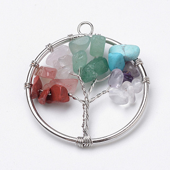 Natural & Synthetic Gemstone Pendants, with Platinum Iron Findings, Flat Round with Tree of Life, 34x30x5~8mm, Hole: 2.5mm