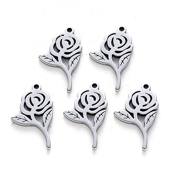 304 Stainless Steel Pendants, Laser Cut, Rose, for Valentine's Day, Stainless Steel Color, 16x9x1mm, Hole: 1mm