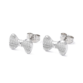 304 Stainless Steel Grooved Bowknot Stud Earrings for Women, Stainless Steel Color, 12.8x8mm, Pin: 0.8mm