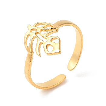Ion Plating(IP) 304 Stainless Steel Cuff Rings, Monstera Leaf Open Finger Rings for Women Men, Real 18K Gold Plated, 2.5~14mm, Inner Diameter: US Size 7 1/4(17.6mm)