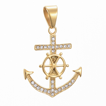304 Stainless Steel Pendants, with Rhinestone, Anchor, Golden, Crystal, 40x33x3.5mm, Hole: 11x8mm