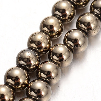 Electroplated Non-magnetic Synthetic Hematite Bead Strands, Round, Imitation Pyrite, 4mm, Hole: 1mm, about 105pcs/strand, 15.7 inch
