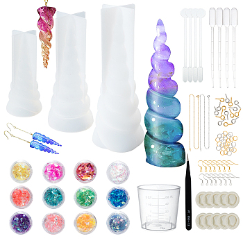 DIY Jewelry Set, with Unicorn Horn Silicone Molds, Brass Cable Chain Necklace Marking, Iron Earring Hooks and Plastic Pipettes Dropper, Mixed Color