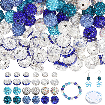 DIY Beads Bracelets Making Kits, Include Polymer Clay Rhinestone Beads, Iron & Brass Rhinestone Spacer Beads, Elastic Crystal Thread, Blue, 10mm, Hole: 1.5mm