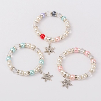 Trendy Glass Pearl Stretch Charm Bracelets, for Christmas, Antique Silver, Mixed Color, 50mm