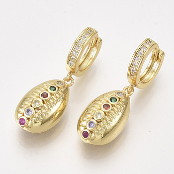 Brass Micro Pave Cubic Zirconia Leverback Earrings, Cowrie, Colorful, Golden, 34mm, Pin: 1mm