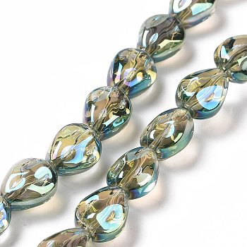 Transparent Electroplate Glass Beads Strands, Rainbow Plated, Teardrop, Aquamarine, 11x9x6.6mm, Hole: 1.1mm, about 55pcs/strand, 24.25 inch(61.6cm)