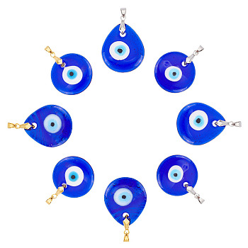 8Pcs 4 Style Handmade Lampwork Evil Eye Pendants, with Grade AA Brass Ice Pick Pinch Bails Finding, Teardrop & Flat Round, Dark Blue, 30~41x30x5~6mm, Hole: 4~6x4~5mm, 2pcs/style