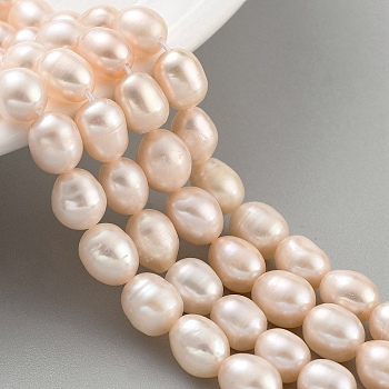 Natural Cultured Freshwater Pearl Beads Strands, Rice, Grade 2A, Light Coral, 7~8mm, Hole: 0.6mm, about 21~22pcs/strand, 6.89''~7.09''(17.5~18cm)