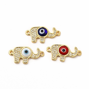 Rack Plating Real 18K Gold Plated Brass Micro Pave Clear Cubic Zirconia Connector Charms, Elephant with Evil Eye Links, with Handmade Lampwork, Cadmium Free & Lead Free, Long-Lasting, Mixed Color, 12x24x4mm, Hole: 1.4mm