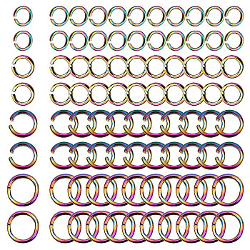 200Pcs 4 Styles Rainbow Color Stainless Steel Open Jump Rings, 3.5~6x0.6~0.8mm, 50pcs/style