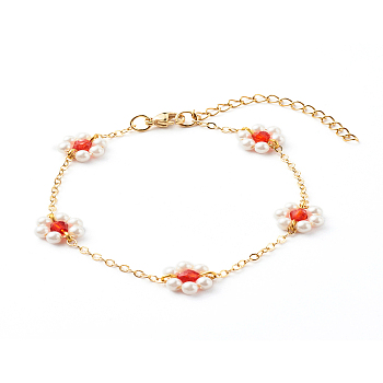 Shell Pearl & Acrylic Beads Flower Link Bracelets, with Brass Cable Chains, Golden, Red, 2mm, 7-1/4 inch(18.4cm)