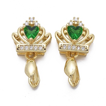 Brass Micro Pave Cubic Zirconia Ice Pick Pinch Bails, Long-Lasting Plated, Crown, Green & Clear, Real 18K Gold Plated, 19x10.5x7mm, Hole: 2x4mm, Pin: 0.7mm.