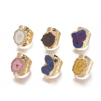 Natural Druzy Agate Cuff Rings, Open Rings, with Brass Findings and Rhinestone, Golden, Mixed Color, Size 9~10, 19~20.5mm