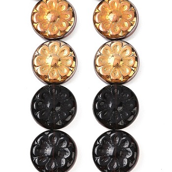 Czech Pressed Glass Beads, Flat Round with Flower, Black, 18x5.5mm, Hole: 1mm, about 30pcs/bag