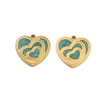 Ion Plating(IP) 304 Stainless Steel Enamel Pendants, Heart Charm, Golden, Cadet Blue, 16x16.5x1.5mm, Hole: 1.6mm