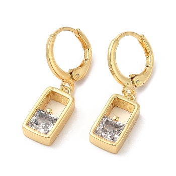 Rack Plating Brass Rectangle Dangle Leverback Earrings with Cubic Zirconia, Lead Free & Cadmium Free, Real 18K Gold Plated, 14x7x4mm