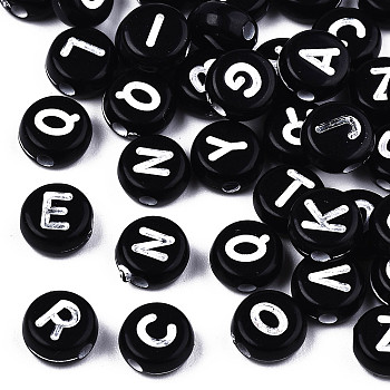 Craft Style Opaque Black Acrylic Beads, Horizontal Hole, Flat Round with White Letters, 7x3.2mm, Hole: 1.5mm, about 400pcs/50g