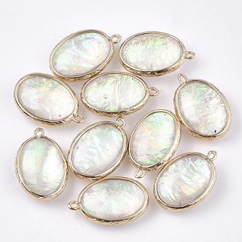Resin Pendants, with Brass Findings, Oval, Golden, Colorful, 23x15x7mm, Hole: 1.2mm