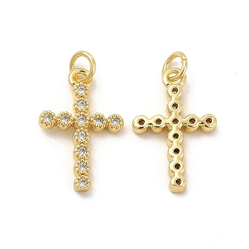 Brass Micro Pave Cubic Zirconia Pendants, with Jump Ring, Religion Flower Cross Charm, Real 18K Gold Plated, 20x13x2.5mm, Hole: 3.3mm