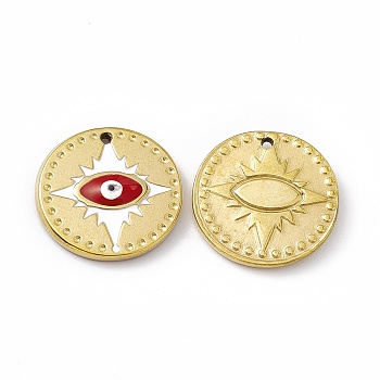 Vacuum Plating 201 Stainless Steel Pendant, with Enamel, Real 18K Gold Plated, Flat Round with Evil Eye Charm, FireBrick, 18x2.7mm, Hole: 1.2mm