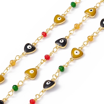Handmade Eco-friendly Brass Enamel Heart with Evil Eye Link Chain, with Glass Beaded, Real 18K Gold Plated, Lead Free & Cadmium Free, Soldered, with Spool, Colorful, 11x7x2.5mm, 12x3.5mm