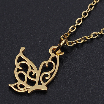 201 Stainless Steel Pendant Necklaces, with Cable Chains and Lobster Claw Clasps, Butterfly, Golden, 15.74 inch(40cm), 1.5mm