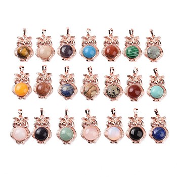 Natural & Synthetic Mixed Gemstone Pendants, Owl Charms, with Rose Gold Tone Rack Plating Brass Findings, 35x23.5x8~9mm, Hole: 8x5mm