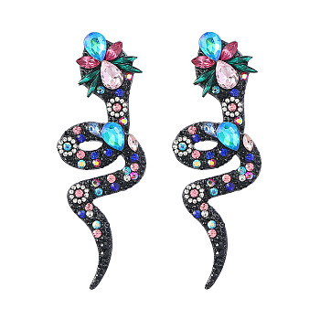 Sparkling Rhinestone Snake Dangle Stud Earrings, Gunmetal Alloy Long Drop Earrings for Women, Colorful, 81x29mm