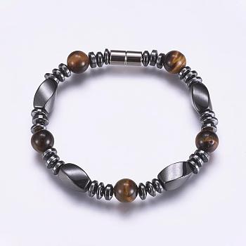 Non-Magnetic Synthetic Hematite Beaded Bracelets, with Tiger Eye and Magnetic Clasps, 7-1/2 inch(190mm)