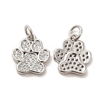 Rack Plating Brass Micro Pave Cubic Zirconia Charms, Dog Paw Print Charm, with Jump Ring, Long-Lasting Plated, Lead Free & Cadmium Free, Platinum, 13x11x2mm, Hole: 3mm(X-KK-F851-07P)