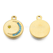 304 Stainless Steel Pendants, with Rhinestone, Flat Round with Moon & Star, Real 18K Gold Plated, 19x15.5x2.5mm, Hole: 1.6mm(STAS-N098-162LG)