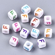 Acrylic Beads, Horizontal Hole, Cube with Mixed Color Letter, Letter.F, 6x6x6mm, Hole: 3mm, about 2600pcs/500g(MACR-T009-12F)