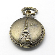 Vintage Zinc Alloy Quartz Watch Heads for Pocket Watch Pendant Necklace Making, Flat Round and Eiffel Tower, Antique Bronze, 59x46x15mm, Hole: 15x5mm(WACH-R005-09)