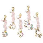 Alloy Enamel Unicorn & Heart Pendant Decorations, Natural Rose Quartz Chips and 304 Stainless Steel Lobster Claw Clasps Charms, 65~75mm(HJEW-JM01224)
