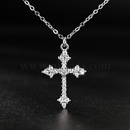 Cubic Zirconia Cross Pendant Necklace, with Brass Cable Chains, Platinum, 17.72 inch(45cm)(ZV5438-2)