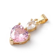 Rack Plating Brass Cubic Zirconia Pendants, Long-Lasting Plated, Cadmium Free & Lead Free, Real 18K Gold Plated, Heart Charm, Pink, 19x9x6mm, Hole: 5x3mm(KK-E003-19G-03)
