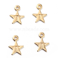 Brass Charms, Loops, Star with Letter T, Real 24K Gold Plated, 8.5x6x0.5mm, Hole: 1mm(KK-O131-10G)