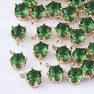 Transparent Glass Charms, with Brass Findings, Faceted, Crown, Light Gold, Sea Green, 8.5x6x5mm, Hole: 1mm(GLAA-T007-17B)