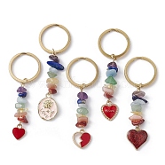 Chakra Gemstone Chip Keychain, with Heart/Oval Alloy Enamel Pendant, Valentine's Day Car Key Bag Decoration, Mixed Color, 7.1~8cm(KEYC-JKC00517)