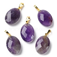 Natural Amethyst Pendants, Faceted Oval Charms with Golden Plated Brass Snap on Bails, 21.8x13.4~13.5x6.2mm, Hole: 5.3x3.7mm(G-E603-03G-02)