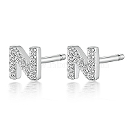 Rhodium Plated 925 Sterling Silver Initial Letter Stud Earrings, with Cubic Zirconia, Platinum, Letter N, 5x5mm(HI8885-14)