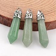 Bullet Natural Green Aventurine Pendants, with Platinum Tone Alloy Findings, 33~40x8~10mm, Hole: 3x2mm(G-E332-C13)