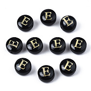 Handmade Lampwork Beads, with Golden Plated Brass Etched Metal Embellishments, Flat Round with Alphabet, Letter.E, 8x5mm, Hole: 0.8mm(LAMP-S196-001E)