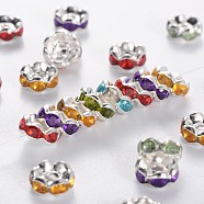 Brass Acrylic Rhinestone Spacer Beads, Wavy Edge, Silver Color Plated, Rondelle, Mixed Color, 6x3mm, Hole: 1mm(RSB6mm)